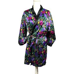 Victorias Secret Sz L Gold Label Short Kimono Robe Satin Floral Tropical Vintage